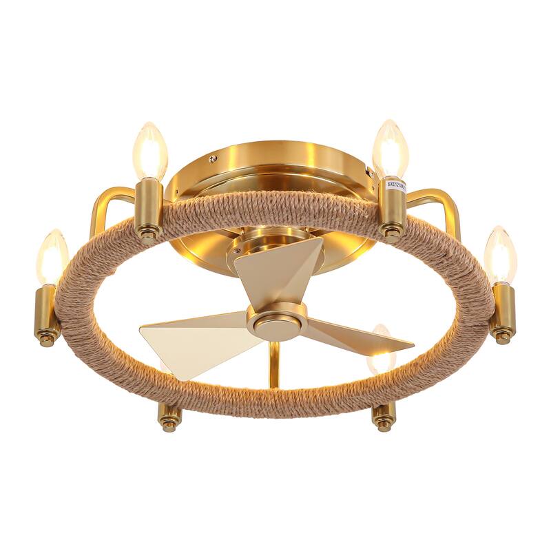 20" Gold Farmhouse Hemp Rope Low Profile Ceiling Fan with Light and Remote - 20.3 in. W × 6.5 in. H