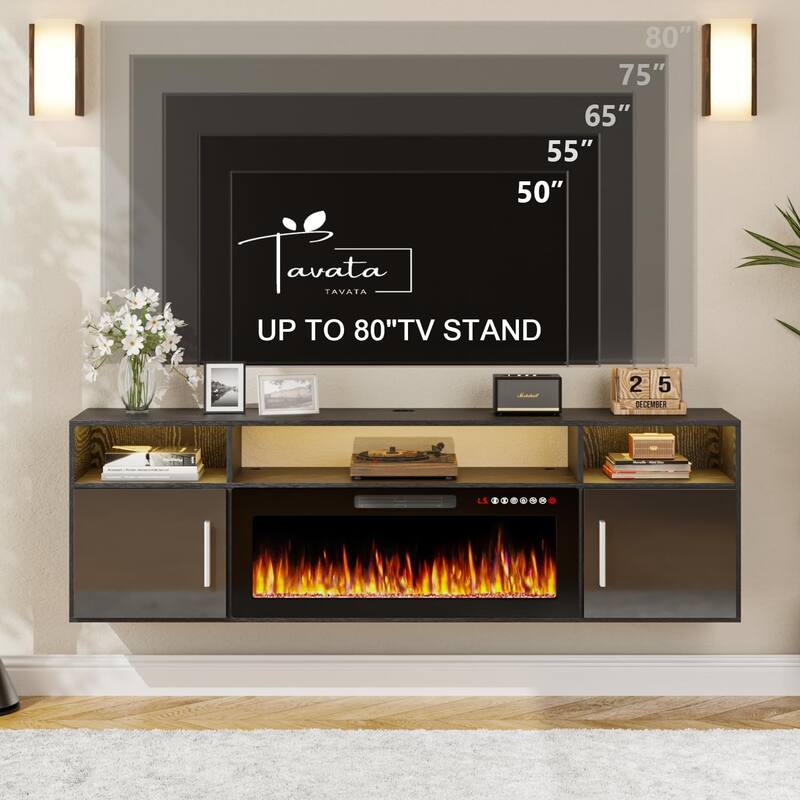 BOSSIN 70" Floating TV Stand with 36" Electric Fireplace, High Gloss Finish Wall Mounted Fireplace TV Stand with Storage