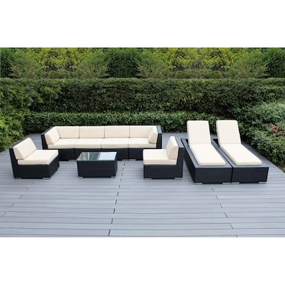Ohana Outdoor Patio 9 Piece Black Wicker Sofa and Chaise Lounge Set - No Assembly