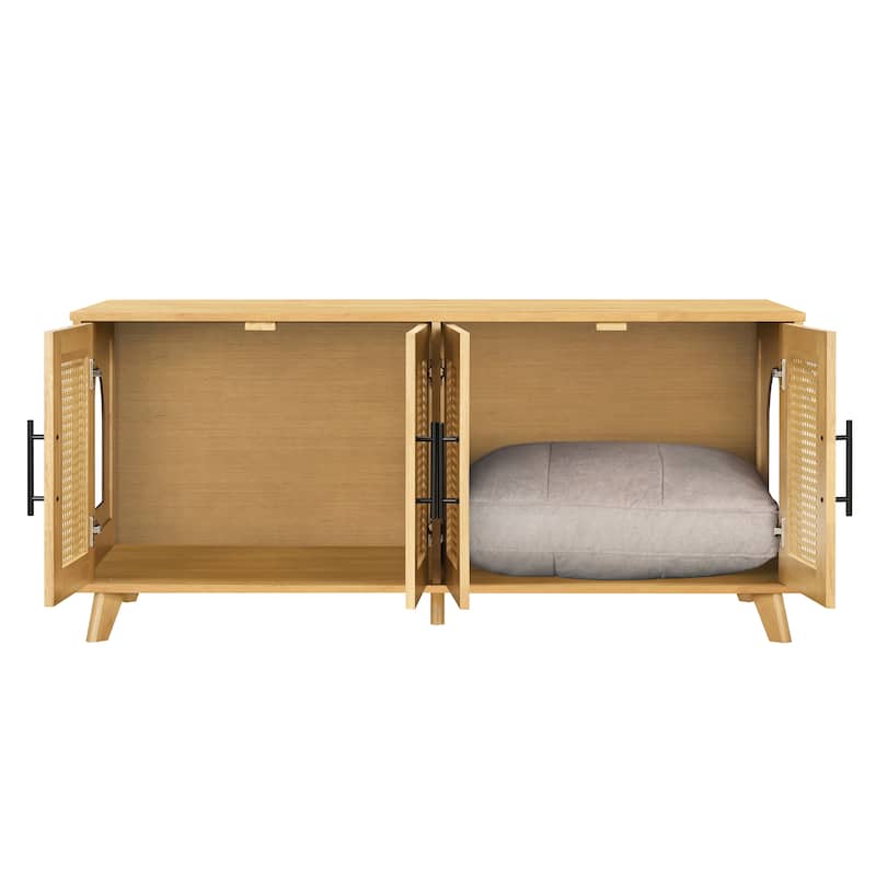 Christopher Knight Home - 47"W Rubber Wood Cat Cabinet with Rattan Doors & Cushion