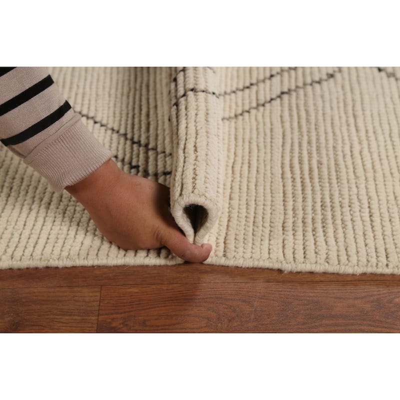 Moroccan Area Rug Handmade Beige Geometric Wool Carpet - 7'10"x 12'9"