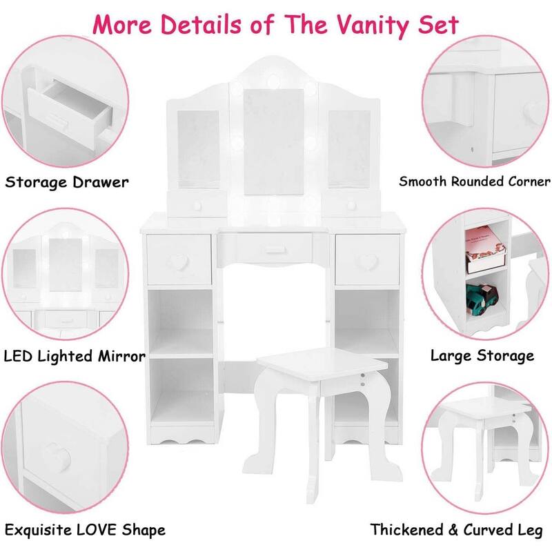 Kids Vanity Table, Girls Vanity with Tri-Folding Mirror