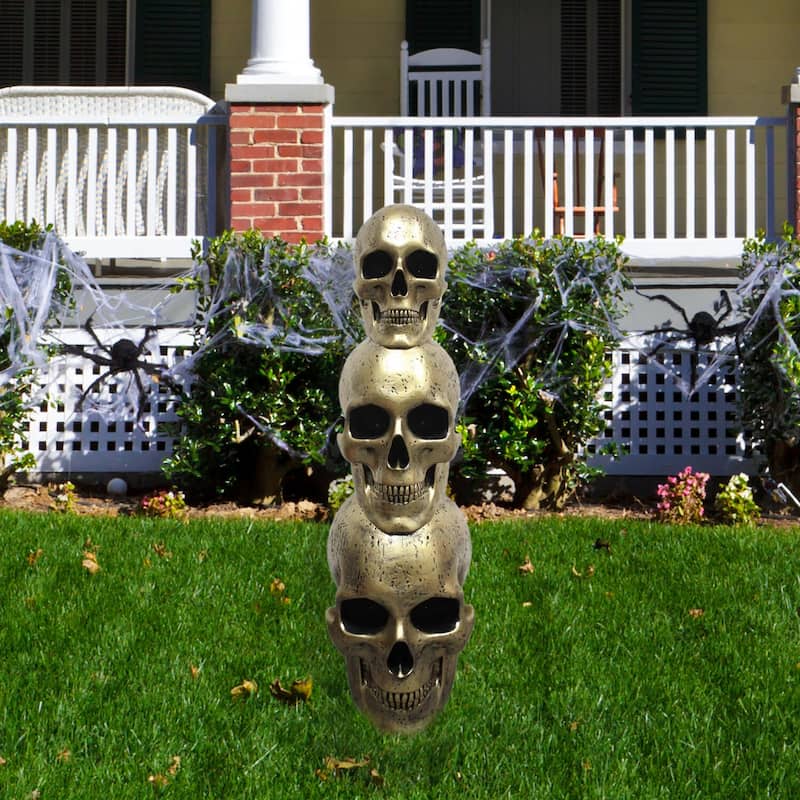 Haunted Hill Farm 3-Ft. Golden Skull Stack Prelit LED Resin Figurine, Indoor or Covered Outdoor Halloween Decoration, Plug-In