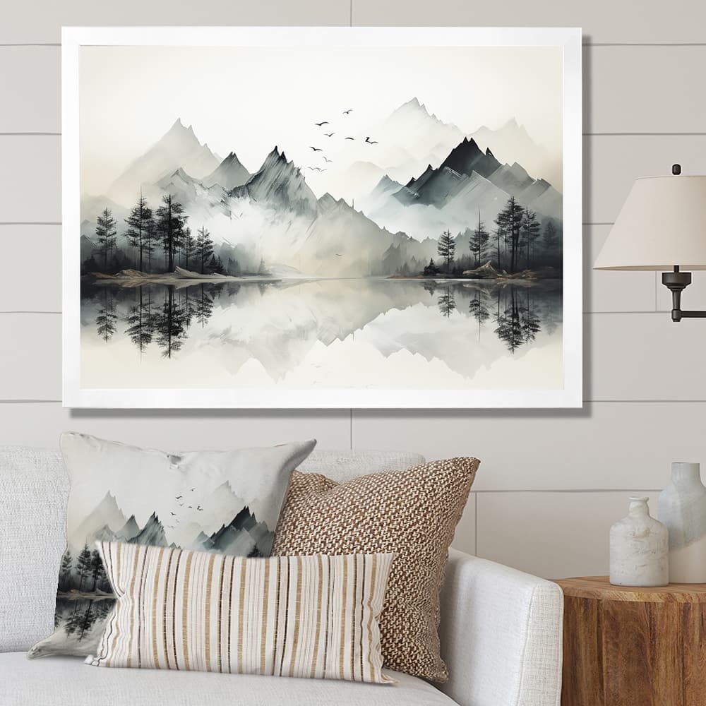 Designart "Watercolor Lake And Forest Dream I" Landscape Mountains Framed Canvas Wall Art