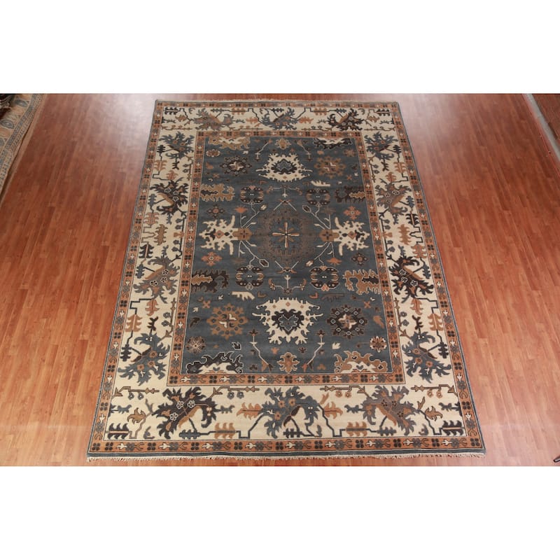 Gray Ivory Oushak Indian Large Rug Hand-Knotted Wool Carpet - 10'2" x 13'11"