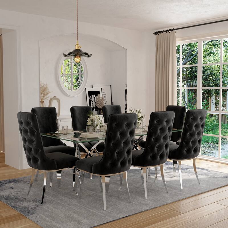 Heavy Duty Dining Chairs with Button Tufted Backrest and Polished Stainless Steel Metal Legs
