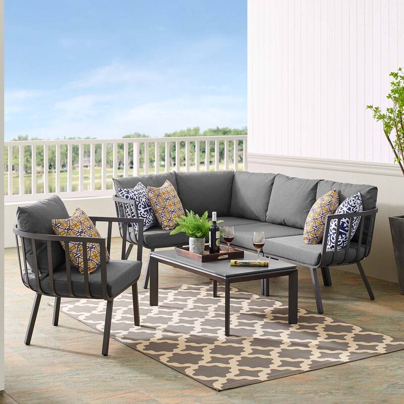 Riverside 4 Piece Outdoor Patio Aluminum Sectional Set with Armchair and Table - Gray Charcoal