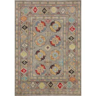 Geometric Kazak Rug Handmade Oriental Grey Wool Carpet - 4'2" x 6'0"