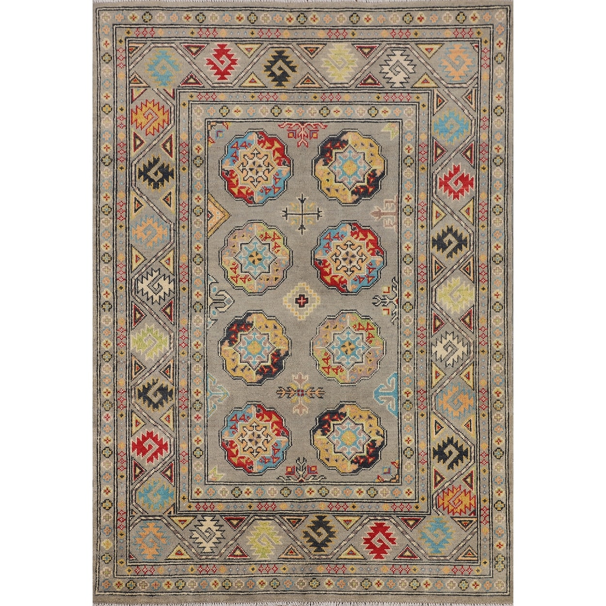Geometric Kazak Rug Handmade Oriental Grey Wool Carpet - 4'2" x 6'0"