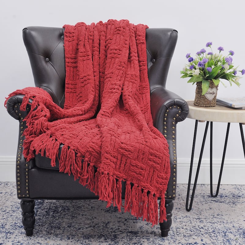 Cable Knitted Couch Cover Throw Blanket - 50" x 60" - Red