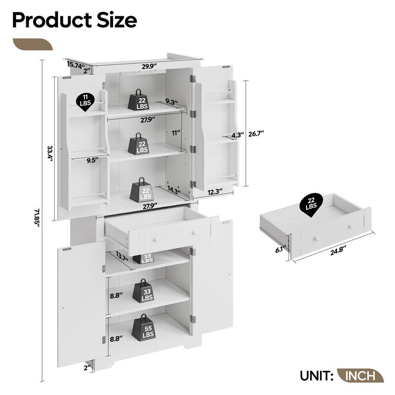 72" Tall Kitchen Pantry Cabinet with Adjustable Shelves, Door Shelves and Drawer,White Large Storage Cabinet with Sensor Light