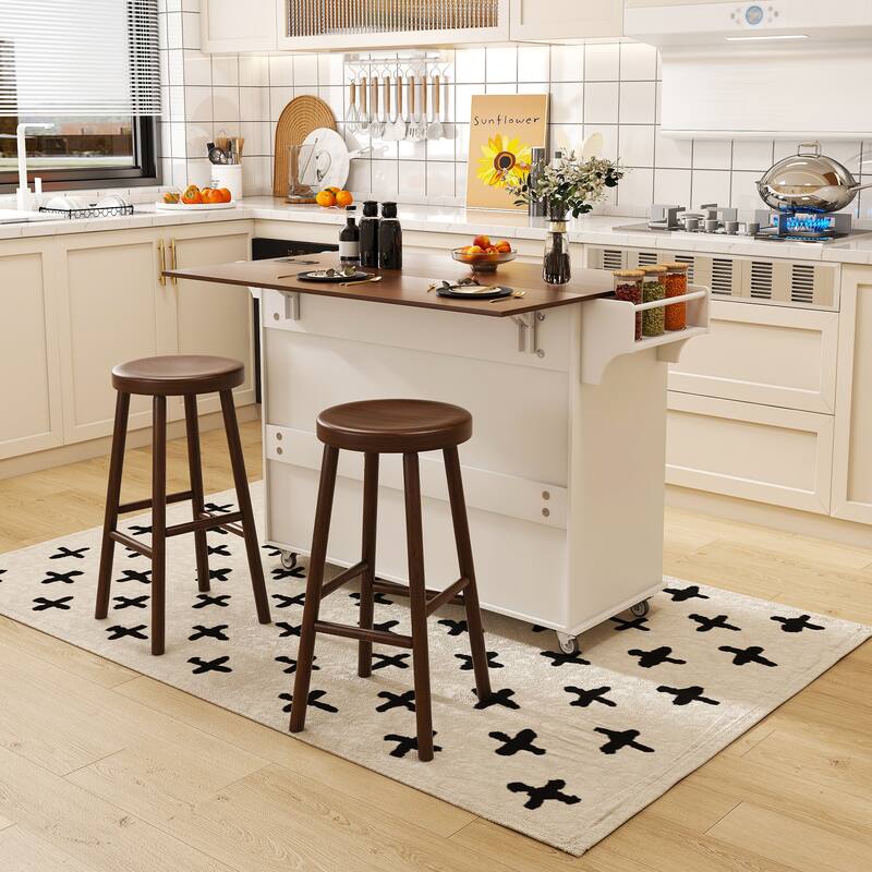 Rustic Kitchen Island, White Walnut Breakfast Bar, Mobile Rolling Storage Cart