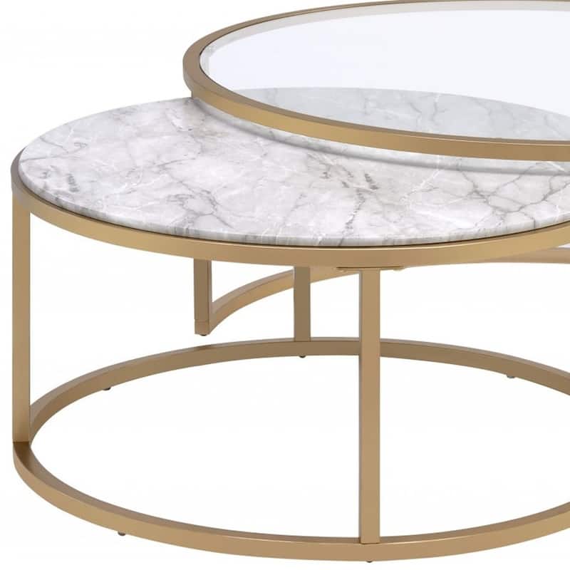 Set of 2 Round Nesting Coffee Tables Glass Faux Marble Gold Metal Frame - 36” x 36” x 16”