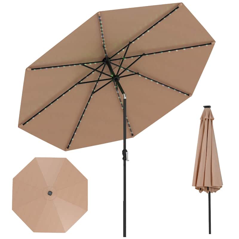 Costway 10 FT Solar Patio Umbrella with 96 LED Lights 35° Adjustable - Coffee