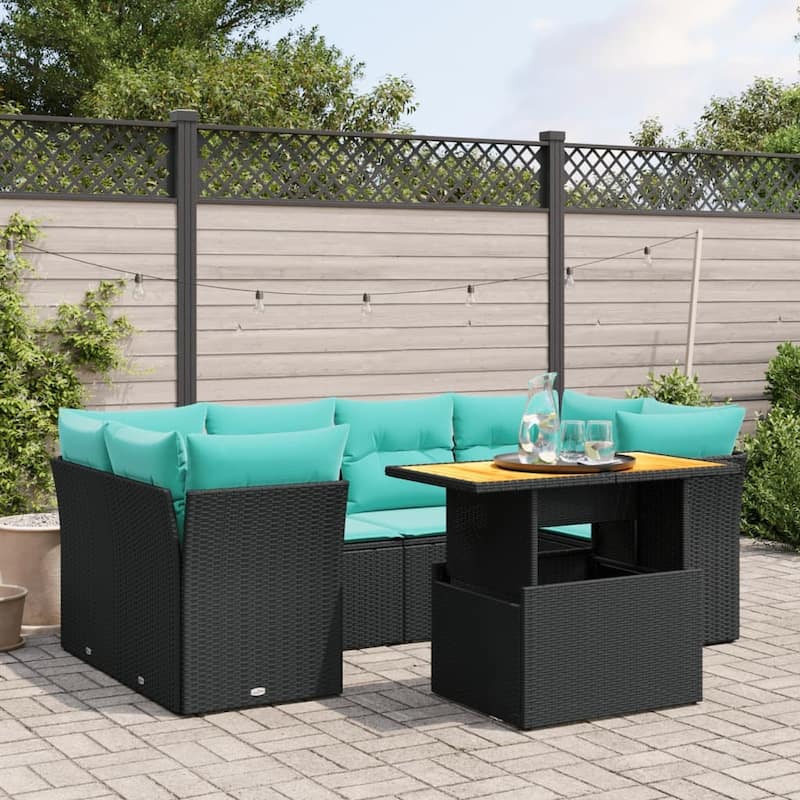 vidaXL 7 Piece Patio Sofa Set with Cushions Black Poly Rattan - 24.4 x 24.4 x 27.2