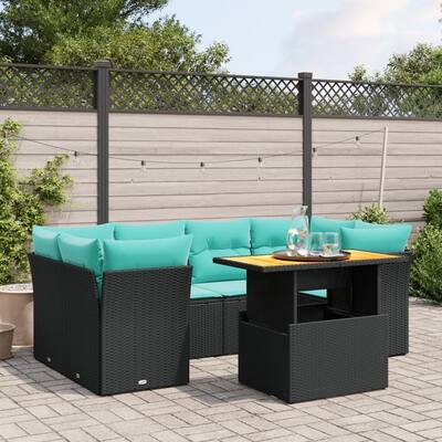 vidaXL 7 Piece Patio Sofa Set with Cushions Black Poly Rattan - 24.4 x 24.4 x 27.2