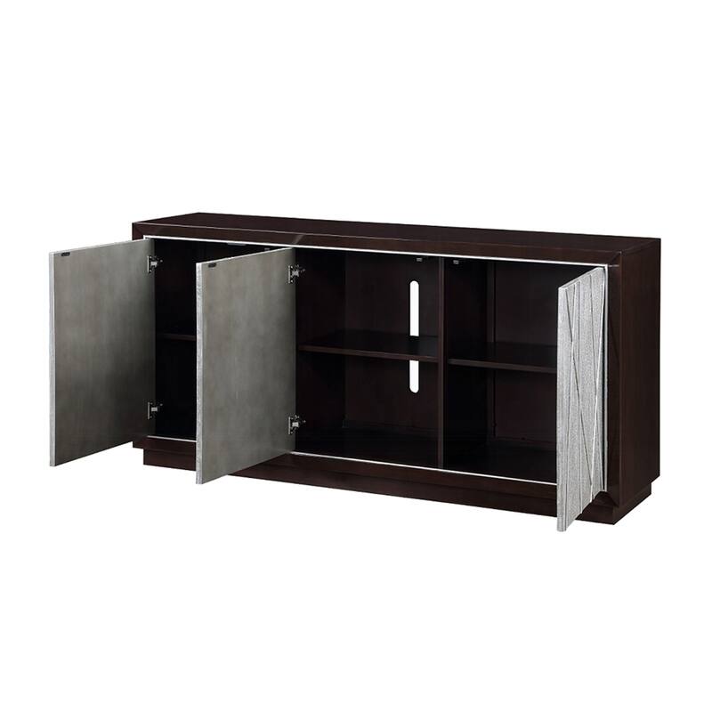 Wooden Console Cabinet with 3 Handle-Free Doors in Metallic Silver and Walnut