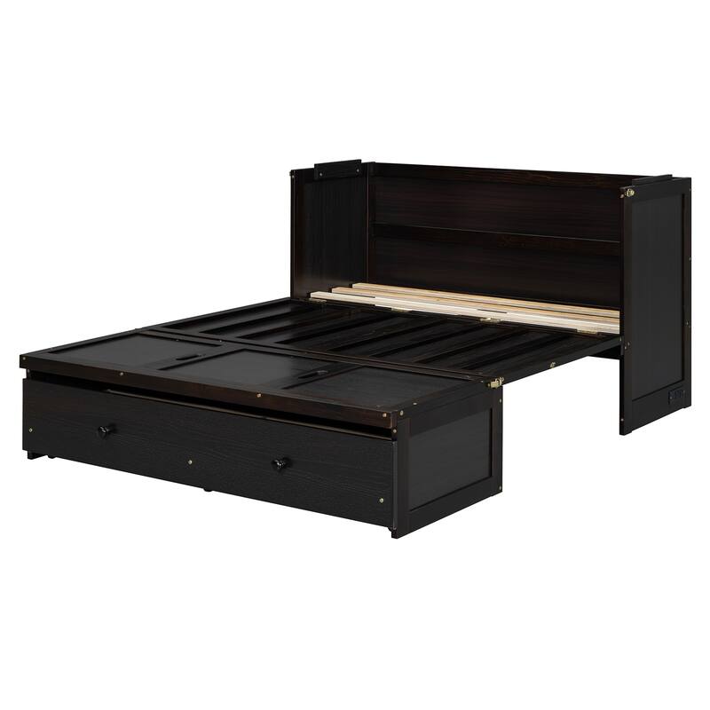 Full/Queen Size Murphy Bed with a Large Drawer, Solid Wood Wall Bed Murphy Chest Bed, Folding Murphy Bed Cabinet with USB Port