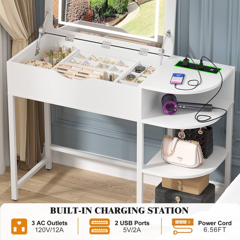 Flip Top Vanity Desk with LED Mirror and Charging Station, Modern Makeup Table with Hiden Storage
