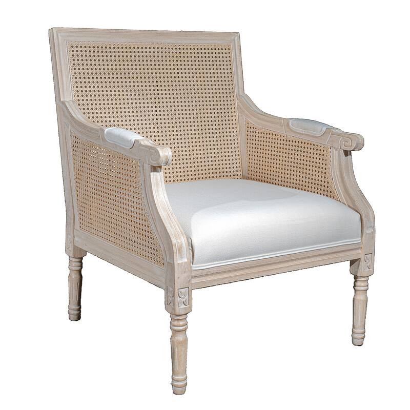 GDFStudio - Classic French Traditional Cotton Linen Upholstered Accent Armchair with Rattan Backrest & Contoured Armrests