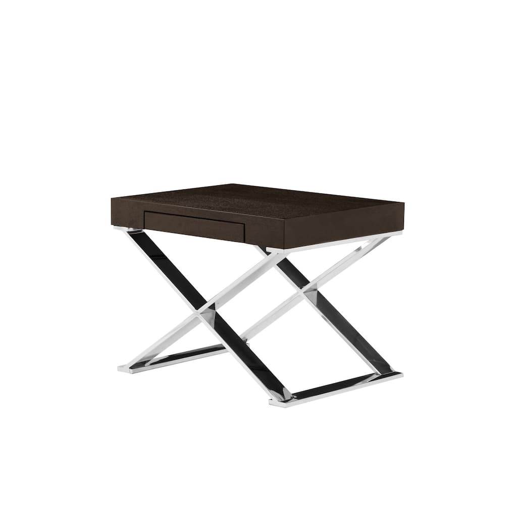 16 in. Espresso Brown and Chrome Rectangle Wood End Table with Storage Drawer for Convenience