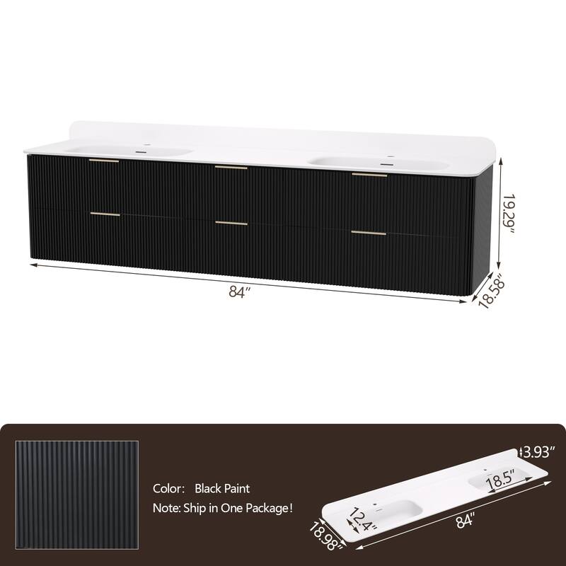 84" Floating Bathroom Vanity with Integrated countertop Rectangular Sink Solid Wood