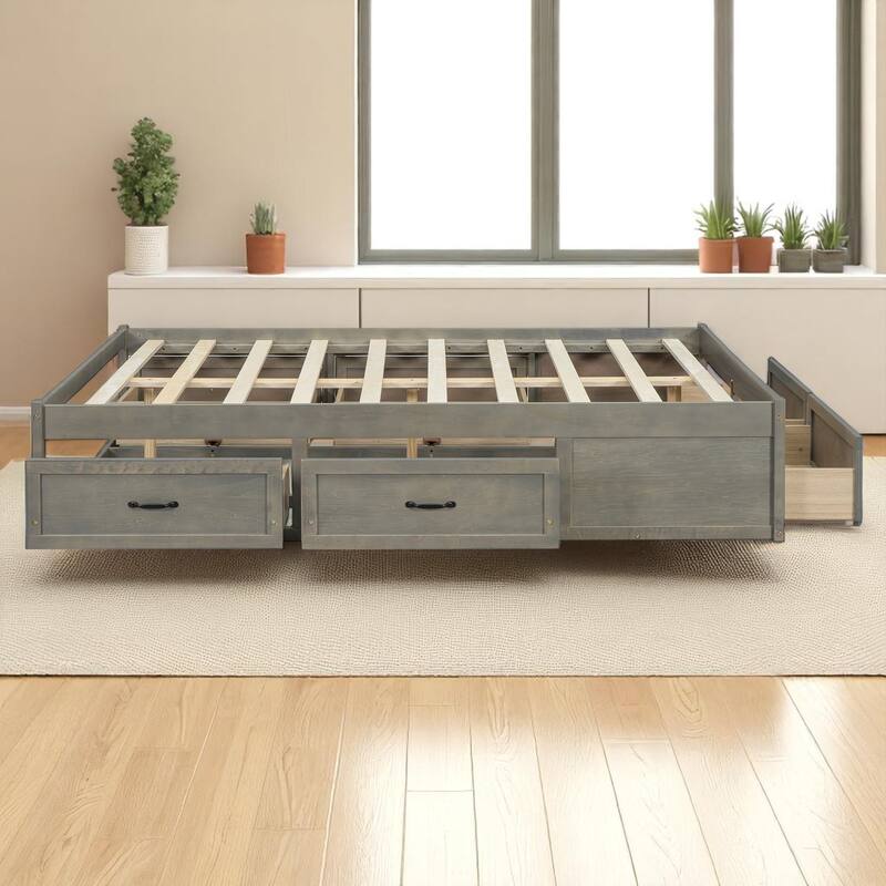 Full/Queen Platform Bed with 6 Storage Drawers, Modern Wood Frame with Slats, No Box Spring Needed