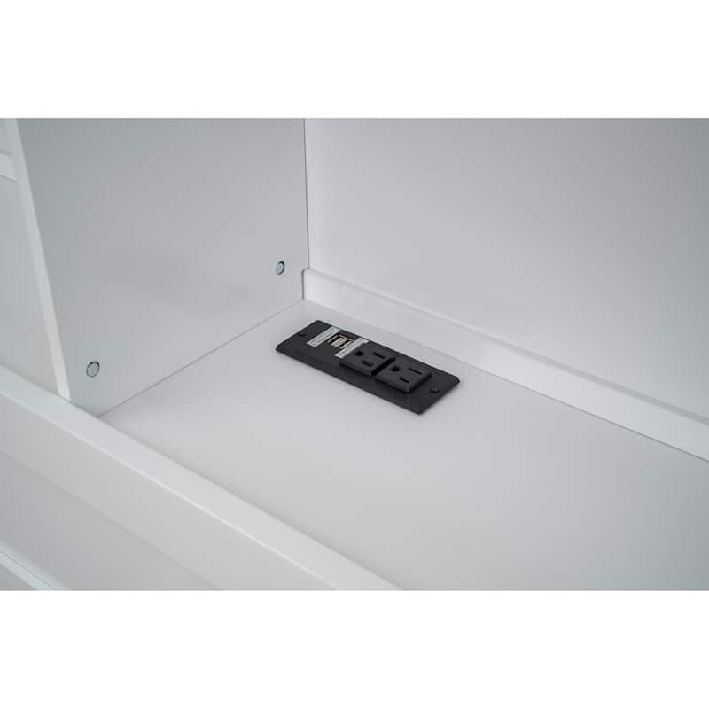 Full Size Platform Bed with Trundle, Drawers, USB Plugs, and Storage Shelves, White