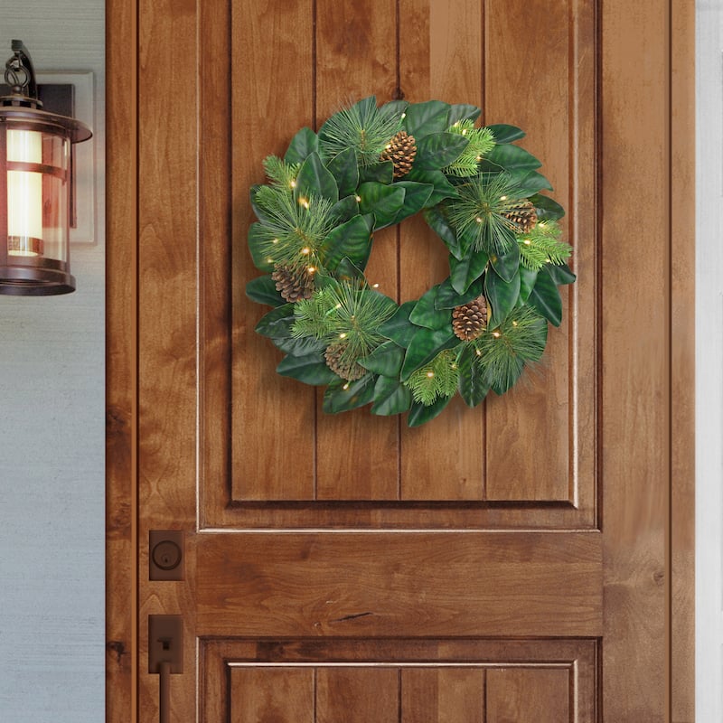 Puleo International 24 in. Pre-lit Magnolia Artificial Wreath - Green