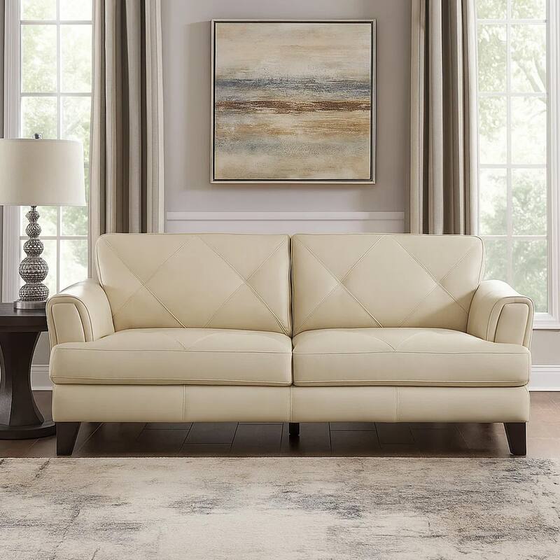 Lisa 88 Inch Sofa, Cream Top Grain and Split Leather, Brown Solid Wood