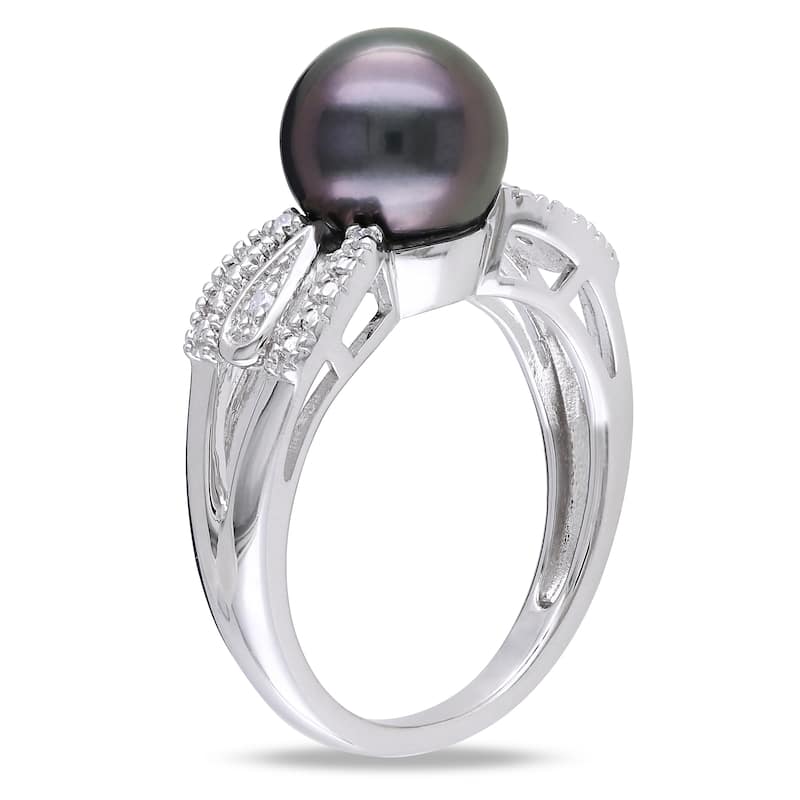 Miadora 9-9.5mm Black Tahitian Pearl and Diamond Split Shank Ring in Sterling Silver