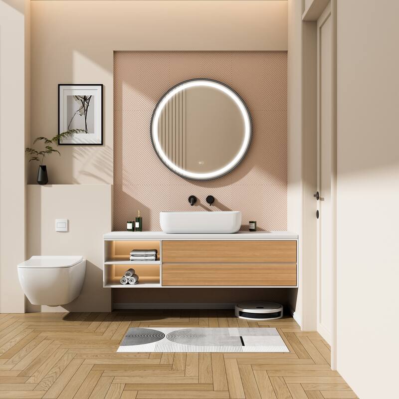 Wall Mounted Bathroom Framed LED Mirror With Anti- Fog,Memory Function And Dimmable Light Touch Sensor - 32"Wx32"H - Matte Black