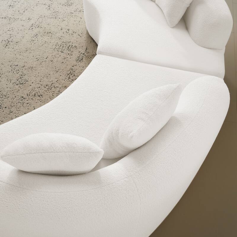 Curved Four Seater White Sofa, Teddy Velvet Fabric, Foam+Spring, Compact for Small Spaces