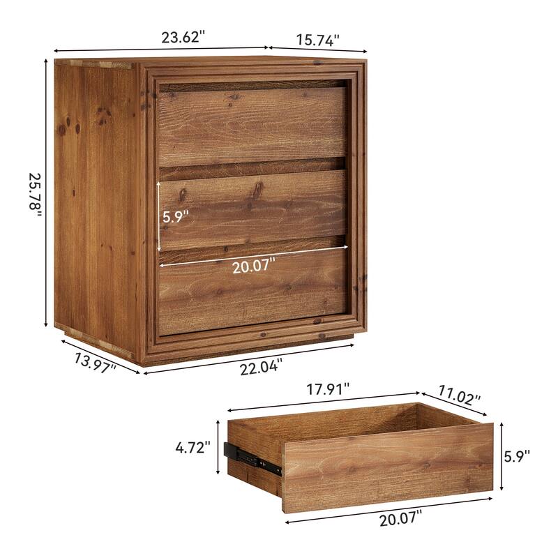 23.62" Solid Wood End Table with 3 Drawers | Rectangular Side Table for Living Room