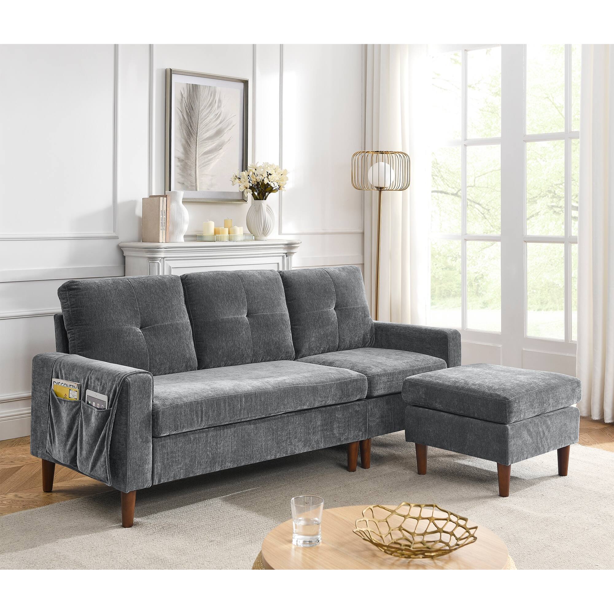 Chenille LShape Sectional Sofa with Removable Cushions Bed Bath