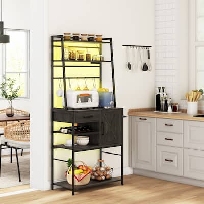 HOMCOM Baker's Rack with Power Outlet and LED Lights, Coffee Bar with Storage Shelves, Industrial Microwave Stand