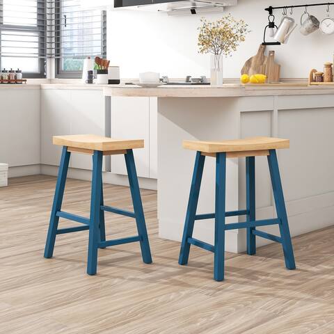 Farmhouse Rustic 2-piece Counter Height Wood Kitchen Dining Stools for Small Places, Light Walnut and Blue