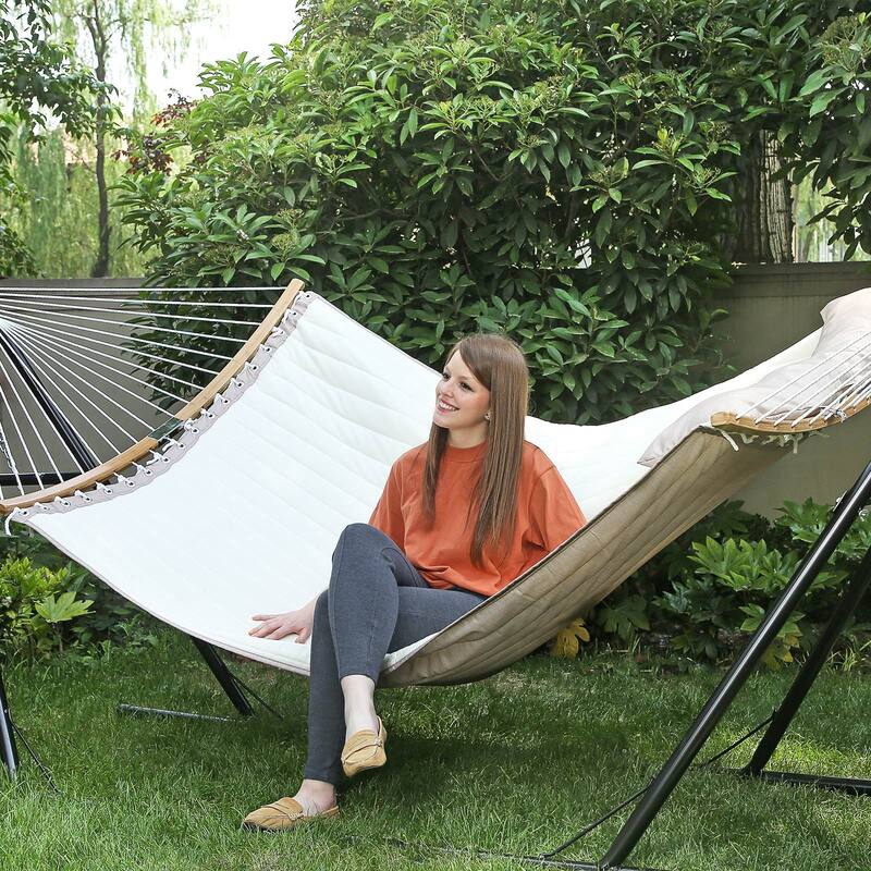 Polyester Wicker Double Hammock with Pillow, Curved Spreader Bars and Portable Design