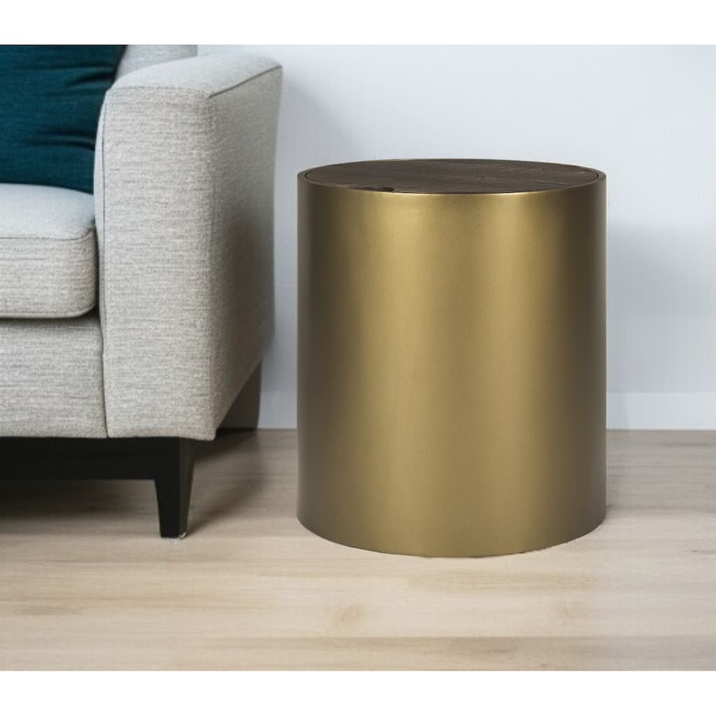 HomeRoots 22" Antiqued Gold And Brown Metal And Solid Wood Drum End Table With Storage - 20 in. x 22 in. x 20 in.