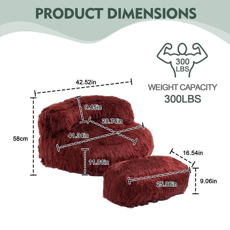 Plush Upholstered Round Comfort Lounger Bean Bag Chair with Ottoman