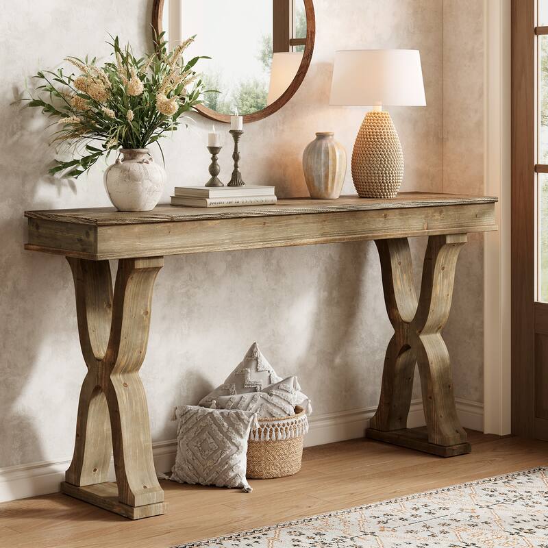 63-Inch Solid Wood Console Table, Farmhouse Narrow Entryway Table - Washed Brown