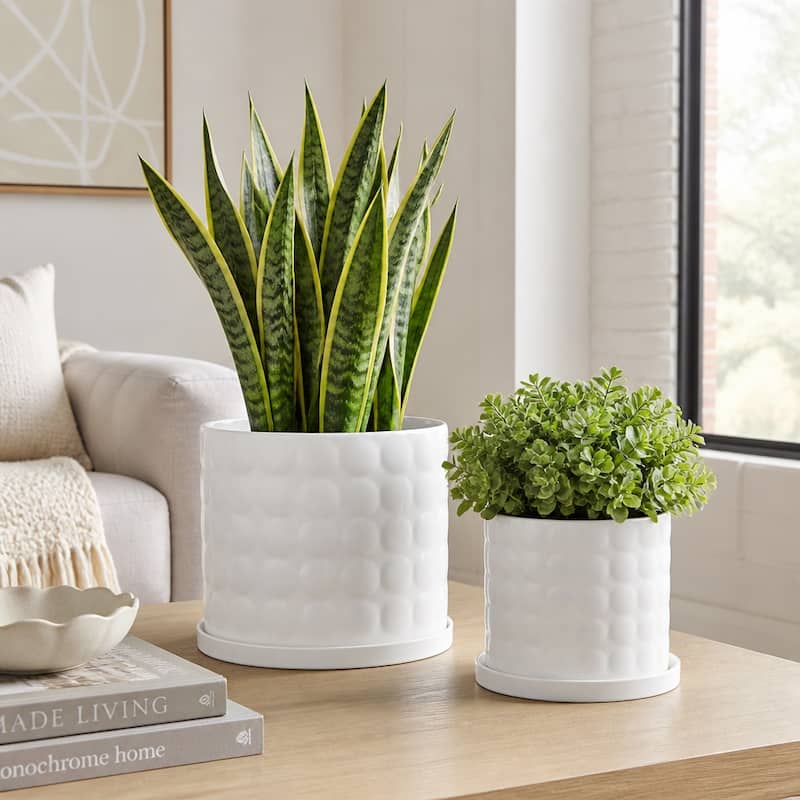 Plant Pot Set of 2 - White Ceramic Round Bubble Garden,7/9in - White - 8.5"