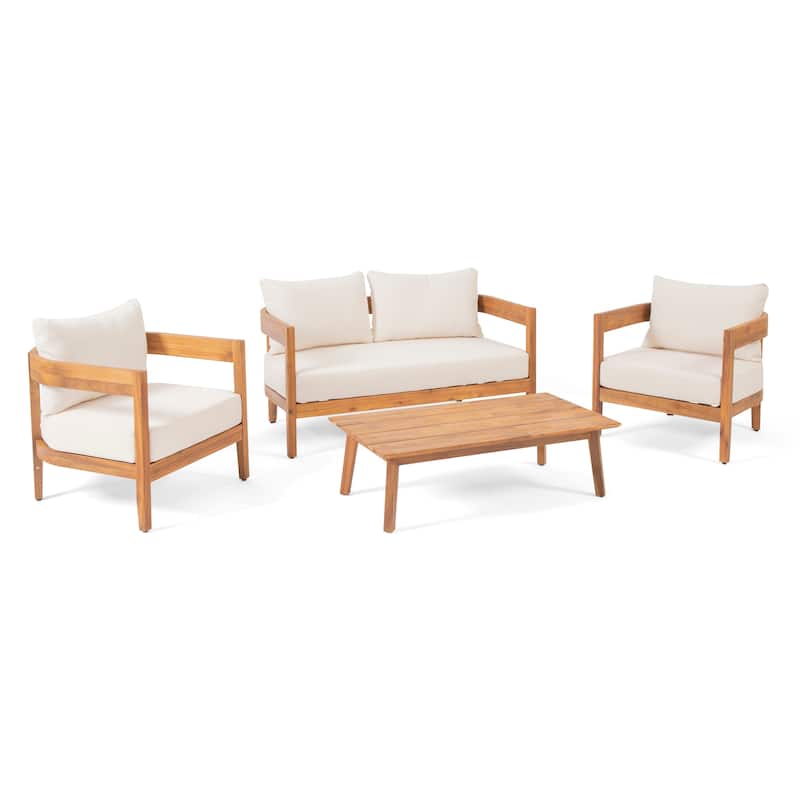 Brooklyn Outdoor Acacia Wood 4 Seater Chat Set with Cushions by Christopher Knight Home