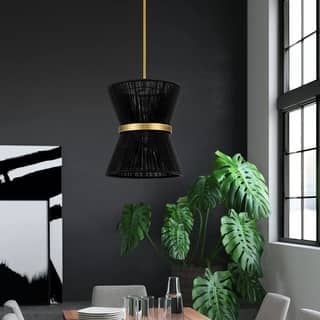 2-Light Boho Farmhouse Black Hand Woven Kitchen Island Lighting Natural Fabric Rope Drum Pendant Light