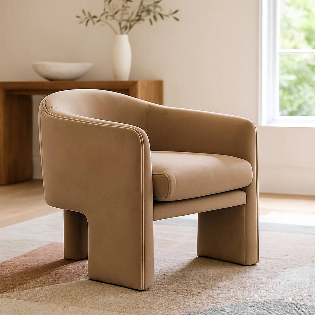 Lery Accent Chair, Curved Back Tripod Base, Camel Brown Velvet, 29 Inch