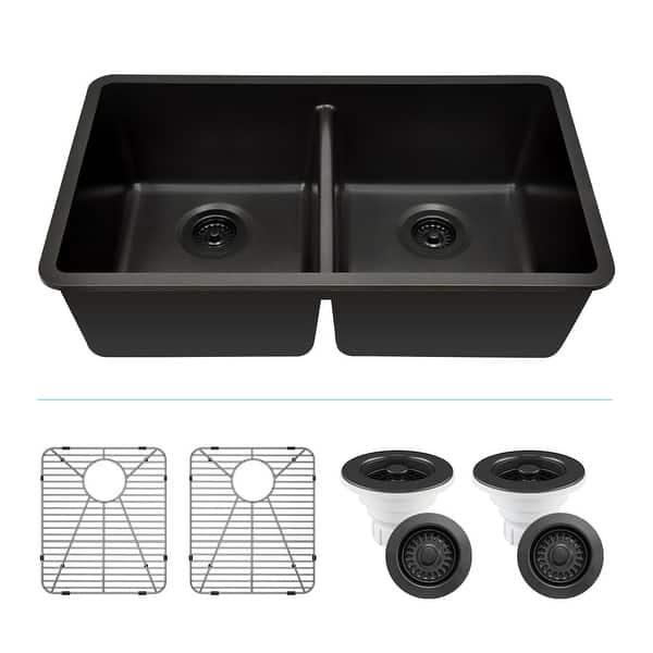 slide 2 of 39, Lexicon Granite 32 Inch 50/50 Double Bowl Undermount Kitchen Sink Kit Galaxy Black