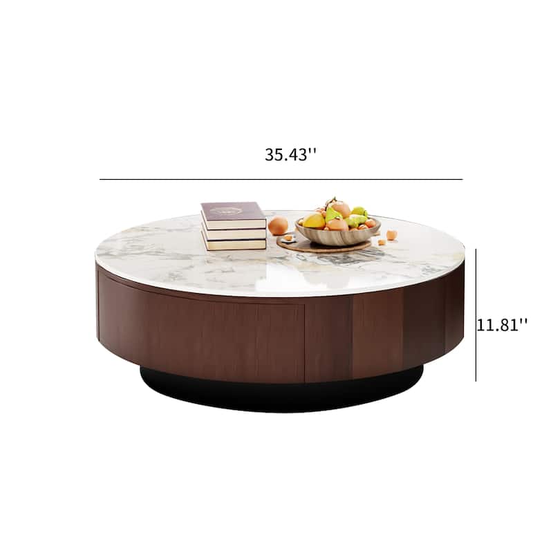 35" Modern Faux Marble Round Coffee Table, White Glossy Sintered Stone Tabletop