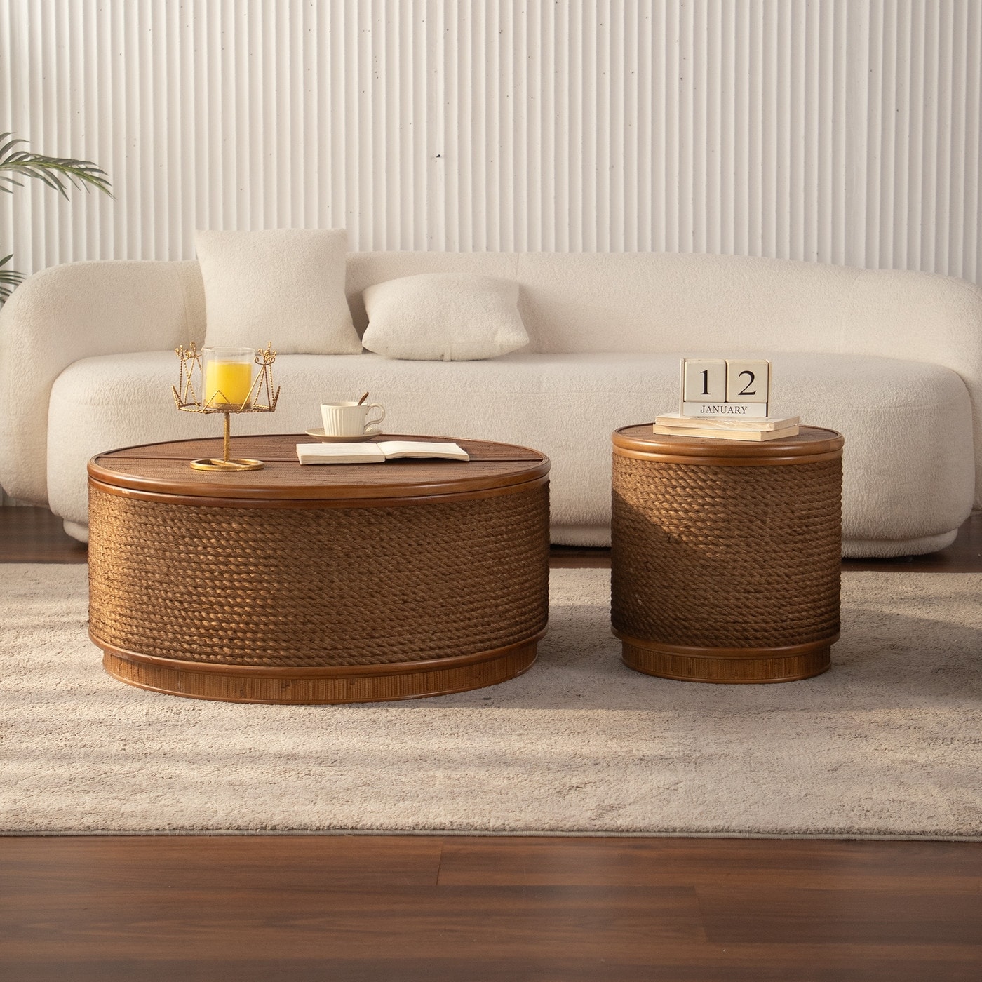 Round Rattan Coffee Table with Lift-Off Lid Storage