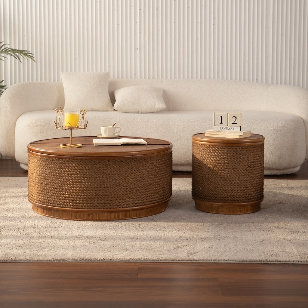 Round Rattan Coffee Table with Lift-Off Lid Storage