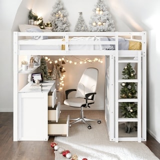 Full size Loft Bed with Drawers, Desk and Wardrobe, Space-saving, White